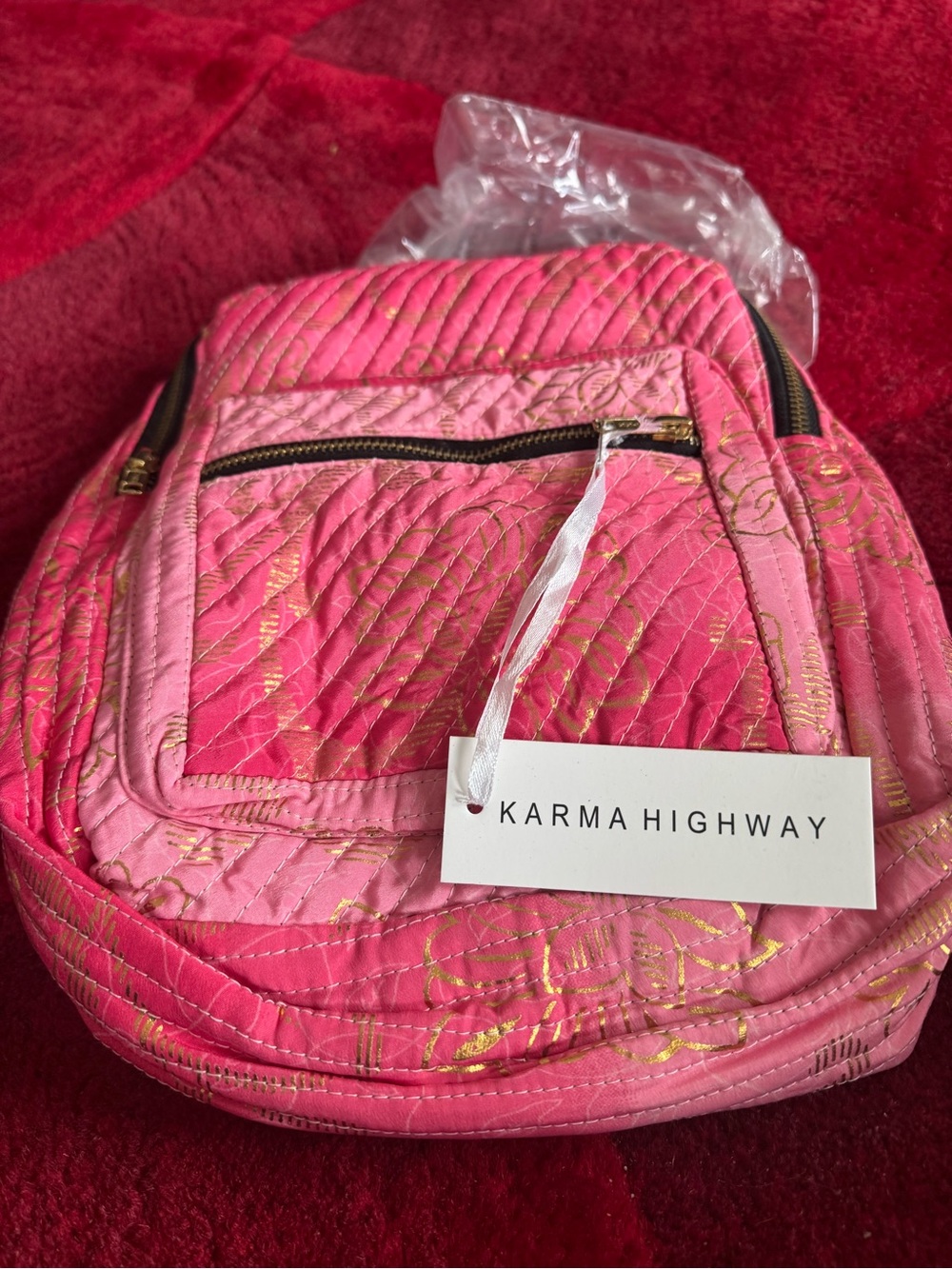 Karma Highway Pink Quilted Mini Backpack with Gold Accents
